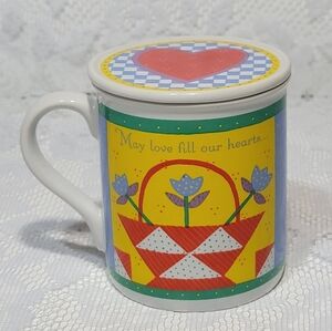 Vintage Hallmark Ceramic Mug Heart Lid Flower Patchwork Quilt Design Coffee Cup